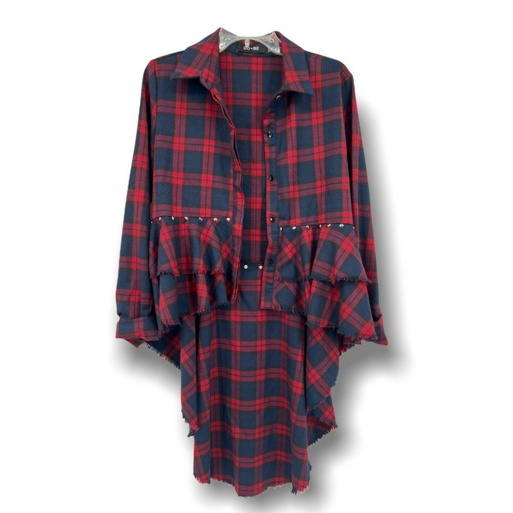 DO+BE red & blue plaid button up high low stud accent Top size small